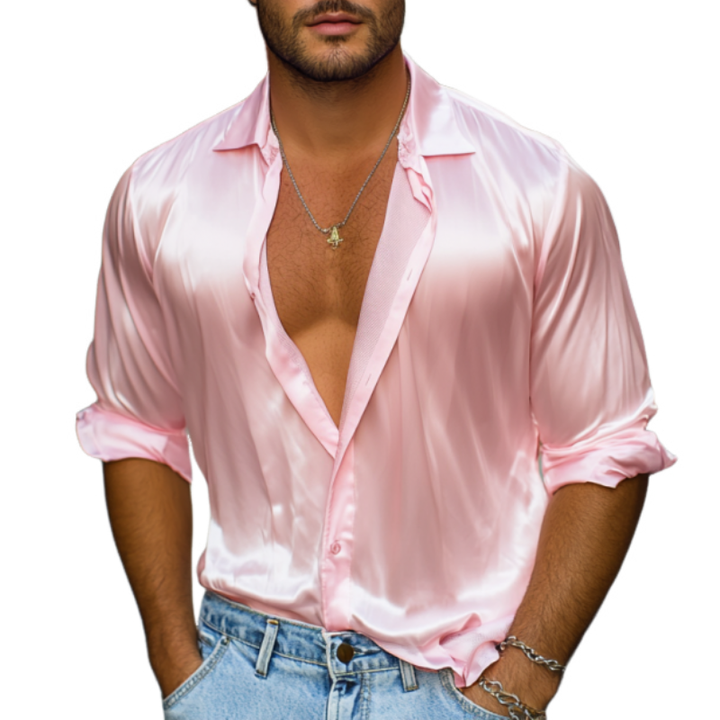 Men's Spring Fashion Casual Satin Glossy Long Sleeve Shirt 9944188092600