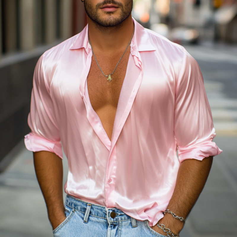 Men's Spring Fashion Casual Satin Glossy Long Sleeve Shirt 9944188092600