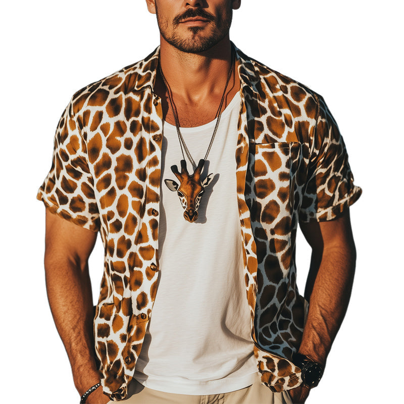 Men's Summer Fashion Giraffe Texture Print Casual Short Sleeve Shirt 9944186781880