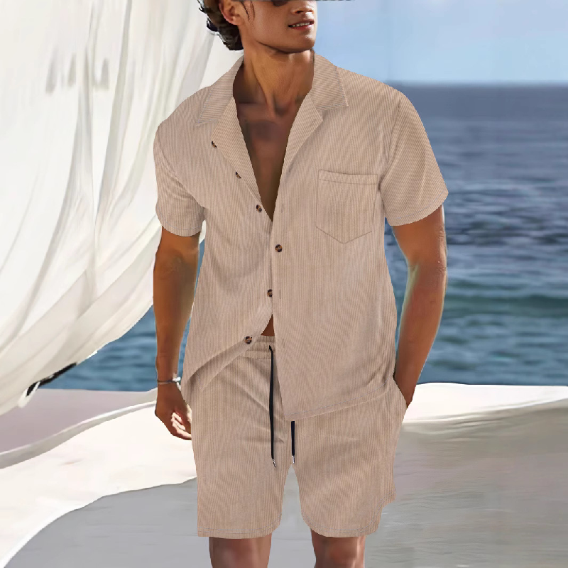 Men's Solid Color Short Sleeve Shorts Holiday Two-piece Set 9949422780600