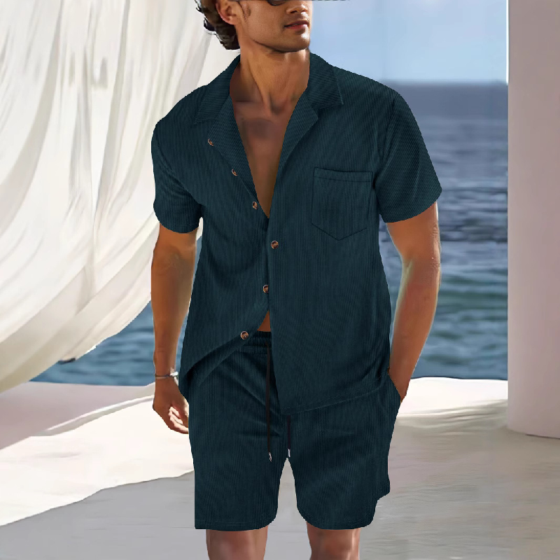 Men's Solid Color Short Sleeve Shorts Holiday Two-piece Set 9949422780600