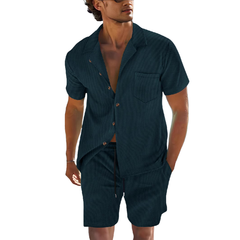 Men's Solid Color Short Sleeve Shorts Holiday Two-piece Set 9949422780600