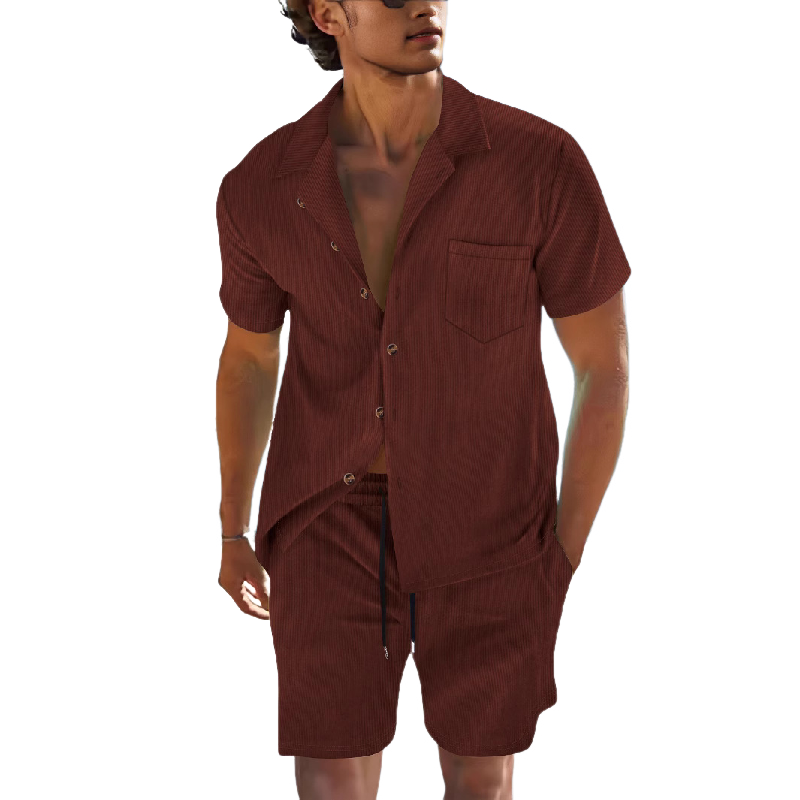 Men's Solid Color Short Sleeve Shorts Holiday Two-piece Set 9949422780600