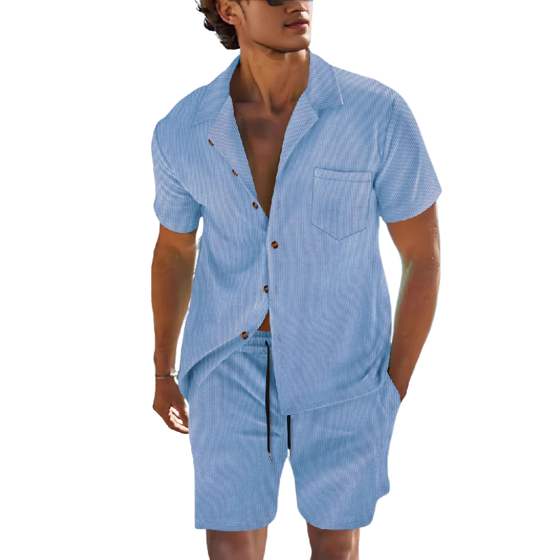 Men's Solid Color Short Sleeve Shorts Holiday Two-piece Set 9949422780600