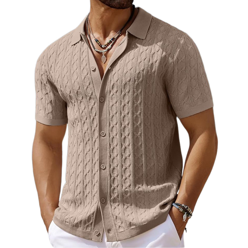 Men's Casual Geometric Jacquard Lapel Slim Fit Short Sleeve Knitted Cardigan 9952302137528