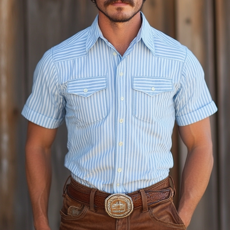Men's Western-style Striped Lapel Short Sleeve Chest Pocket Shirt 9952302530744