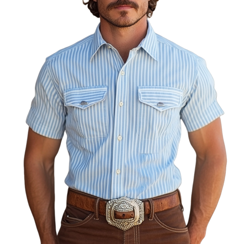 Men's Western-style Striped Lapel Short Sleeve Chest Pocket Shirt 9952302465208
