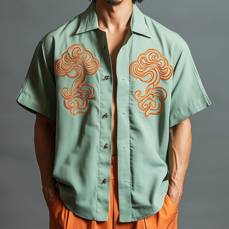 Men's Spring Fashion Contrast Embroidery Short Sleeve Casual Shirt 9952295452856