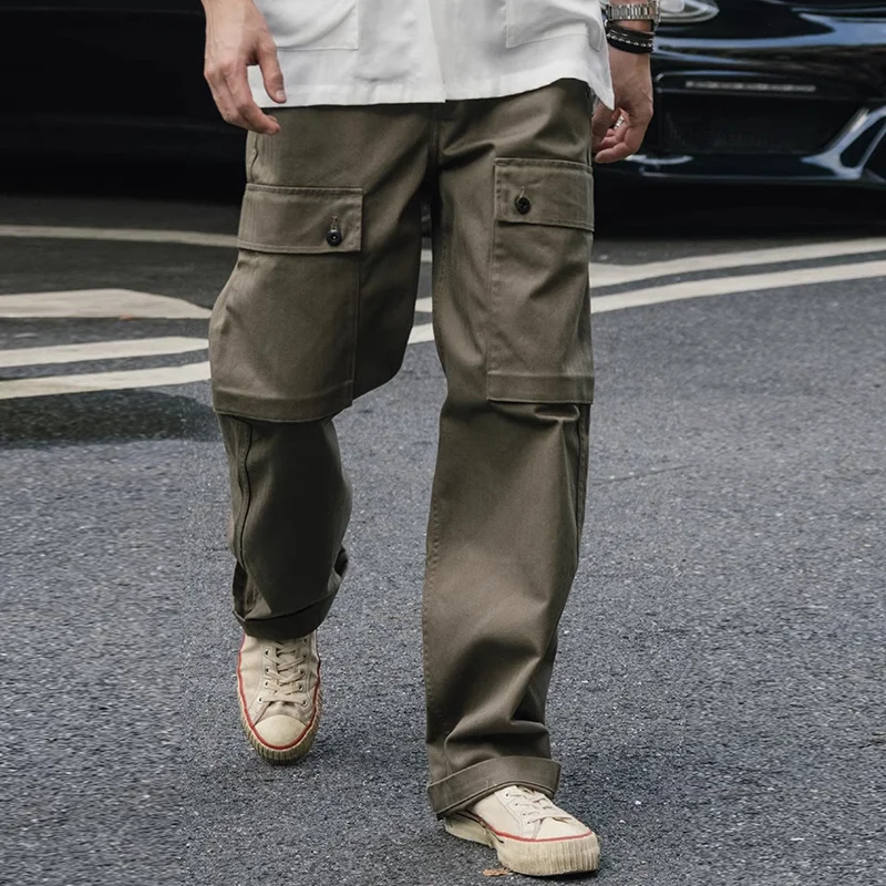 Men's Solid Color Cotton Multi-pocket Straight Cargo Pants 9952302792888