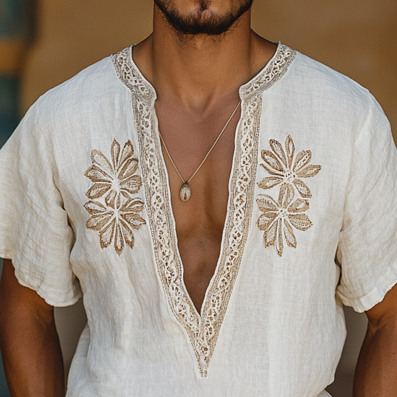 Men's Ethnic Style Embroidered V Neck Short Sleeve Cotton And Linen Shirt 9953676689592
