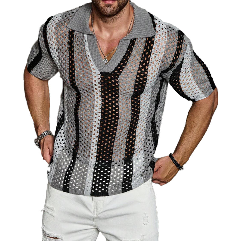 Men's Casual Striped Knitted Short-sleeved POLO Shirt 9918989861048