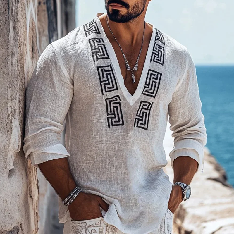 Men's Fashion Embroidery V Neck Long Sleeve Cotton And Linen Shirt 9899715264696