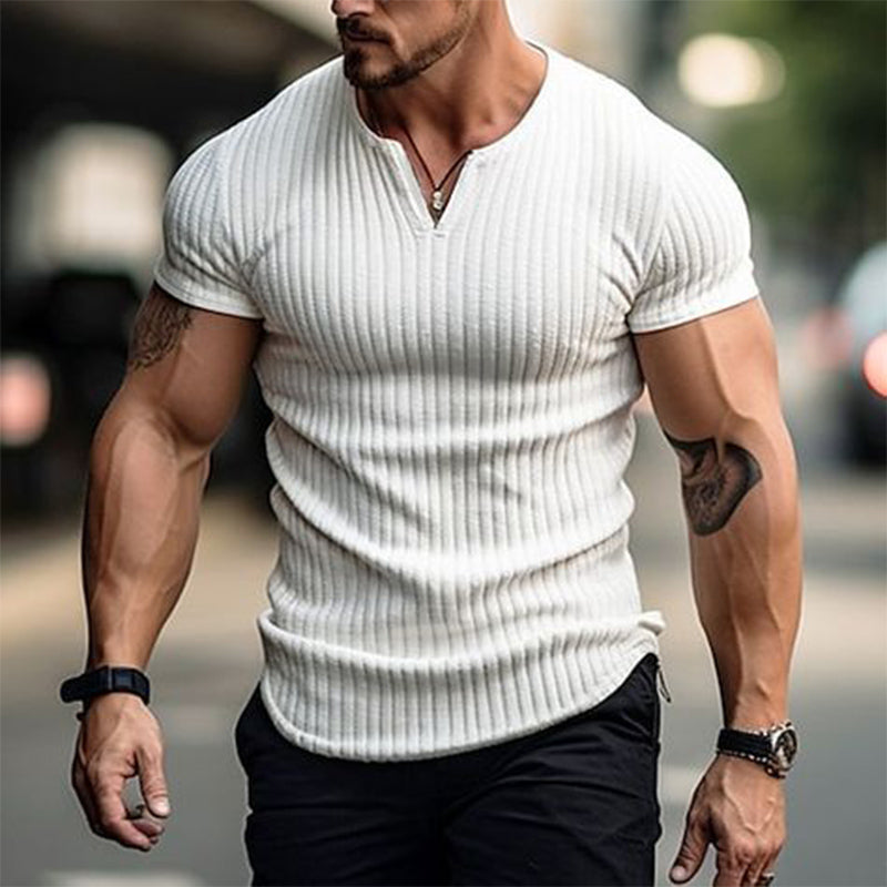 Men's Slim Fit Small V-neck Solid Color Ribbed Short-sleeved T-shirt 9901327450296