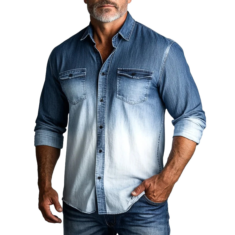 Men's Ombre Pattern Button Long Sleeve Denim Shirt 9899607359672