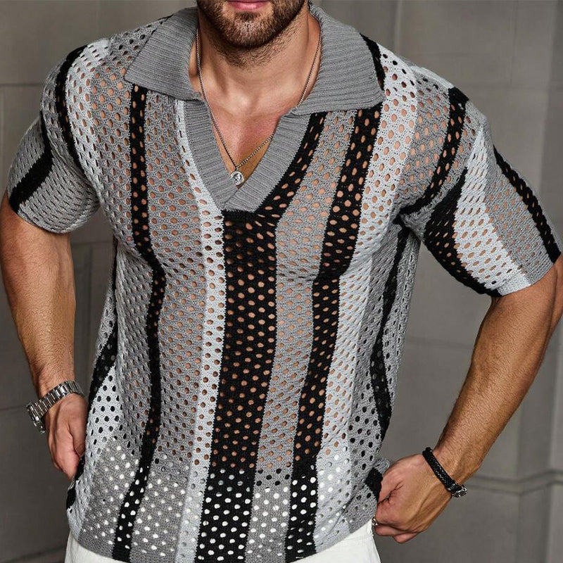 Men's Casual Striped Knitted Short-sleeved POLO Shirt 9918989861048