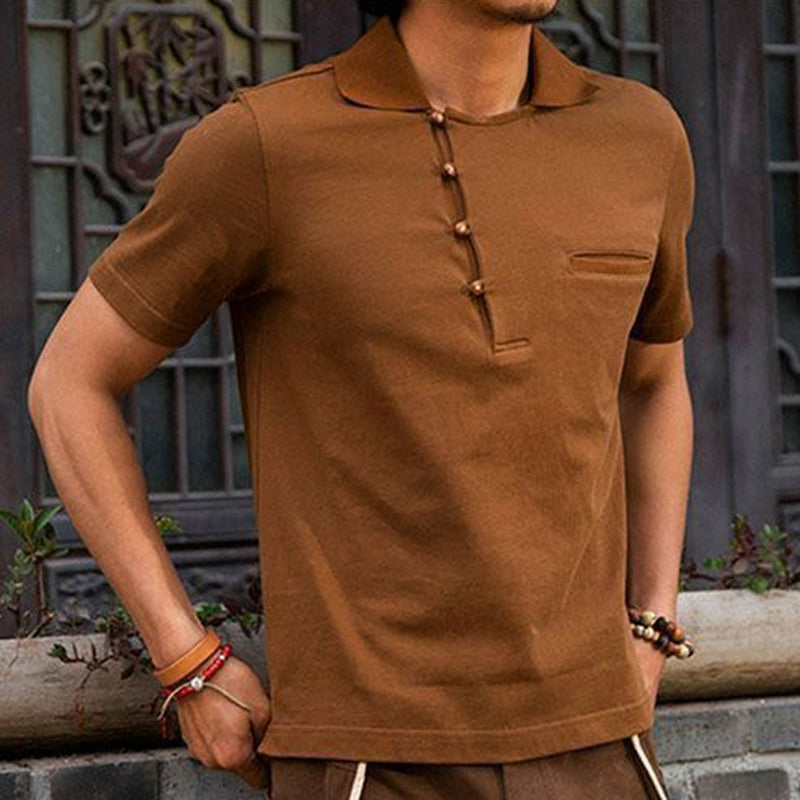 Men's Caramel Button-Down Cotton Short Sleeve T-Shirt 9899720835256