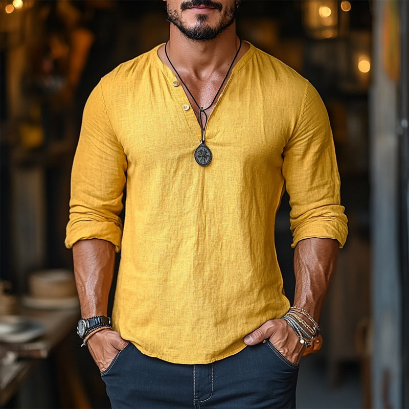Men's Casual Yellow V-neck Linen Long Sleeve T-Shirt 9899737874616