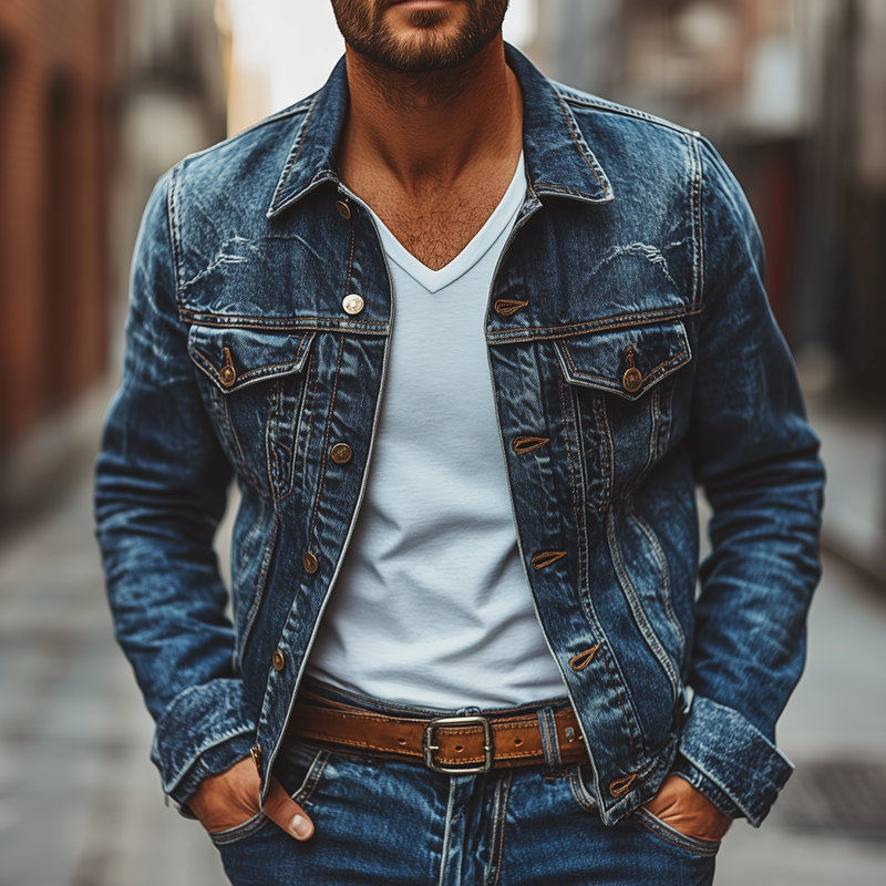 Men's Fashion Distressed Lapel Single Breasted Denim Jacket 9902010859704