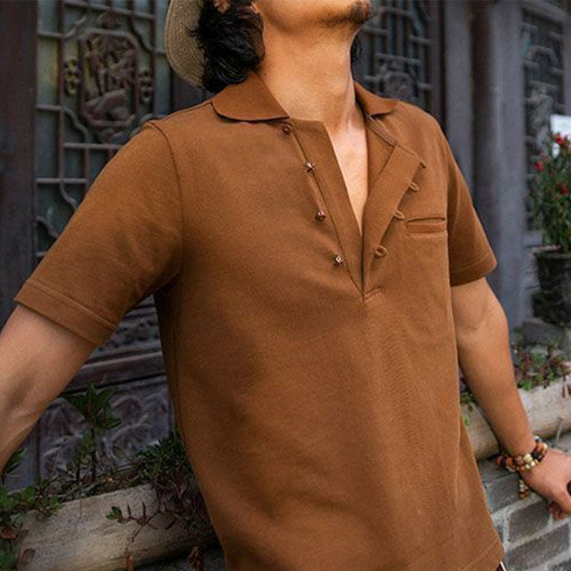 Men's Caramel Button-Down Cotton Short Sleeve T-Shirt 9899720835256