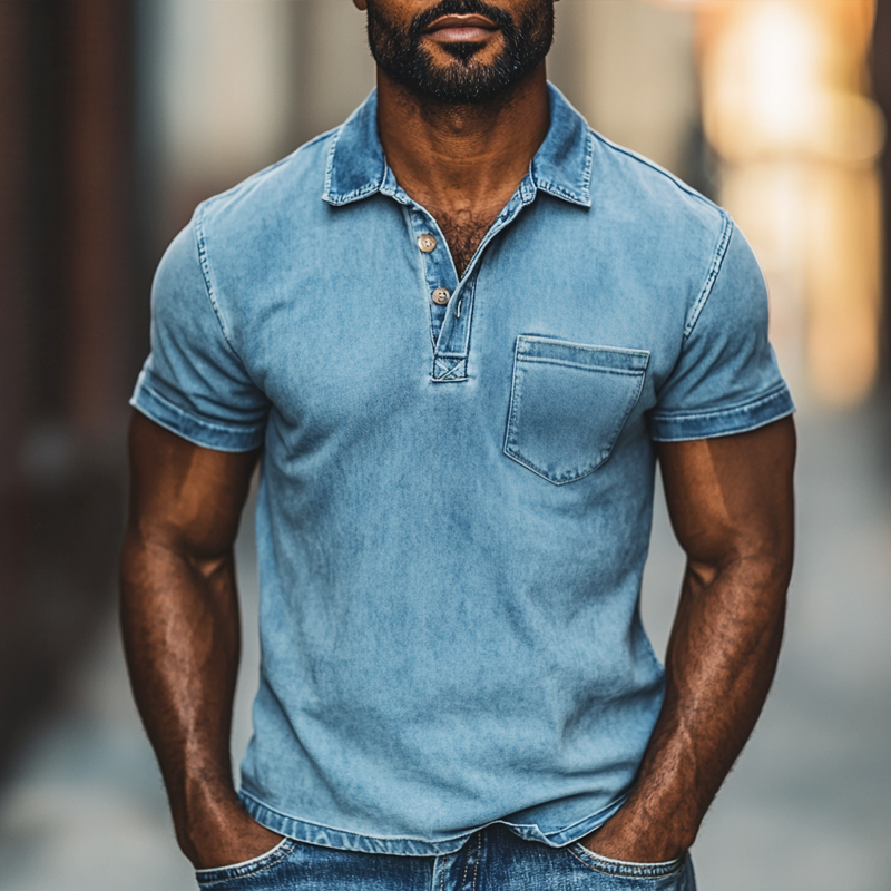 Men's Fashion Distressed Washed Lapel Short Sleeve Denim Polo Shirt 9903250505912