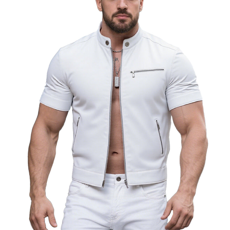 Men's Fashion Faux Leather Stand Collar Slim Fit Multi-Pocket Short Sleeve Shirt 9954876162232