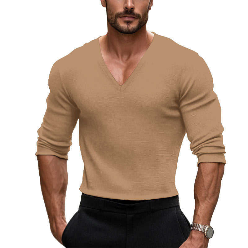 Men's V-Neck Ribbed Cotton Solid Color T-shirt 250700494