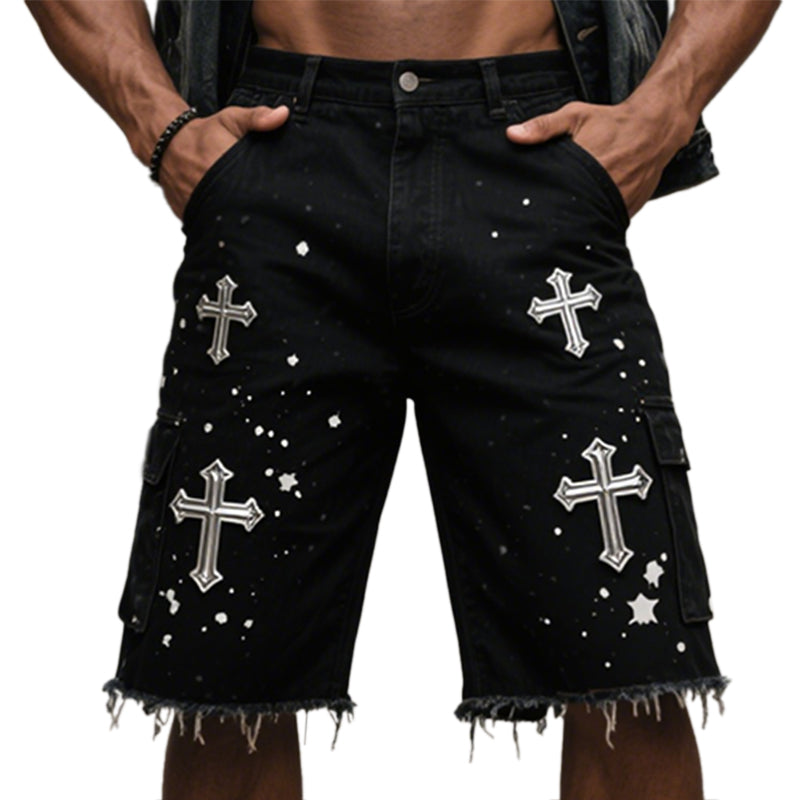 Men's Cross Embellishments Frayed Hem Denim Shorts 250401296