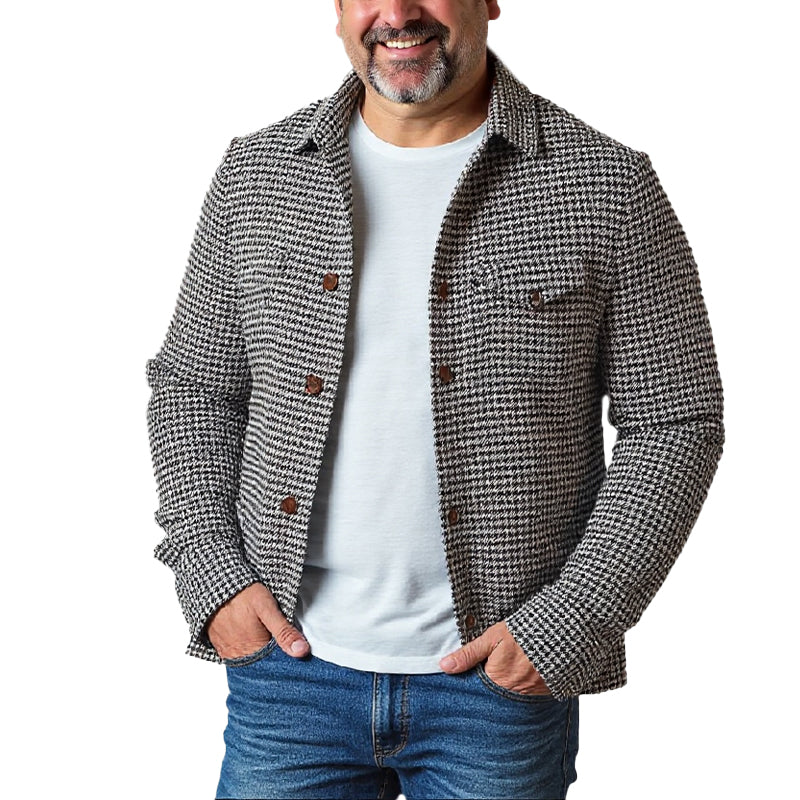 Men's Vintage Houndstooth Lapel Single Breasted Shirt Jacket 9261078708408