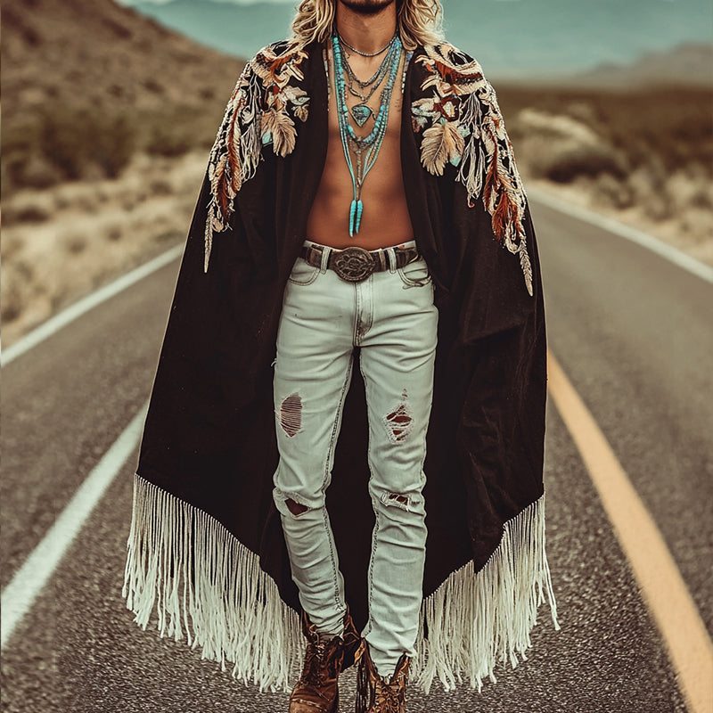 Men's Vintage Casual Linen Eagle Feather Embroidered Cape 9905397563576