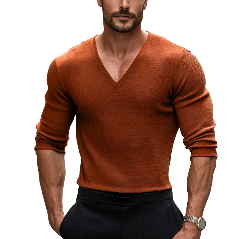 Men's V-Neck Ribbed Cotton Solid Color T-shirt 250700494