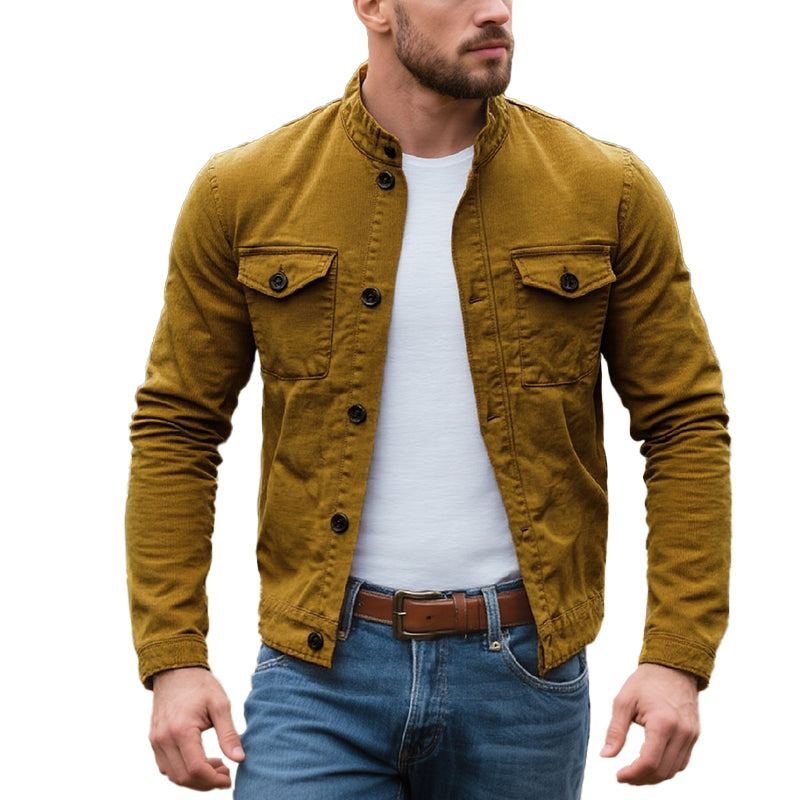 Men's Casual Cotton Linen Stand Collar Slim Fit Long Sleeve Shirt 9883352826040