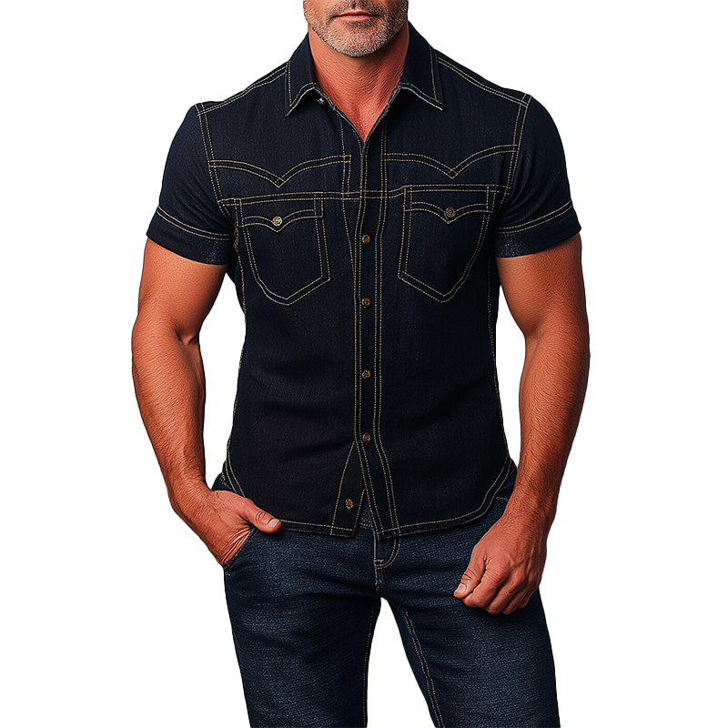 Men's Turndown Collar Short Sleeve Button Contrast Stitch Denim Shirt 9953098367160