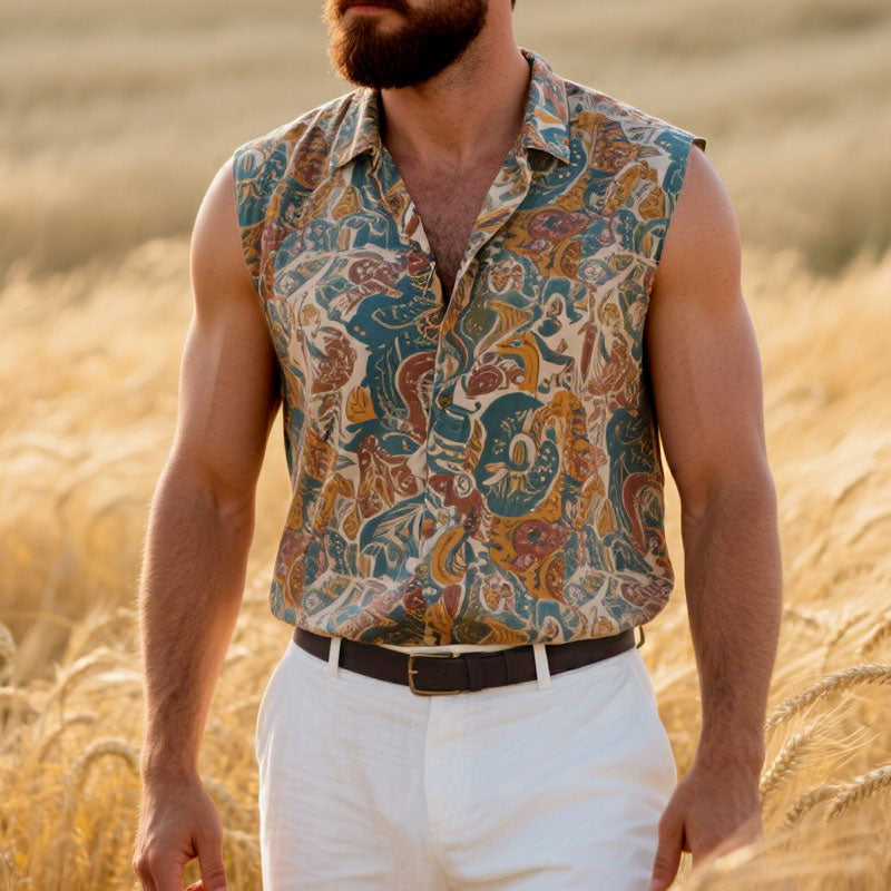 Men's Vintage Printed Sleeveless Lapel Shirt 250600957