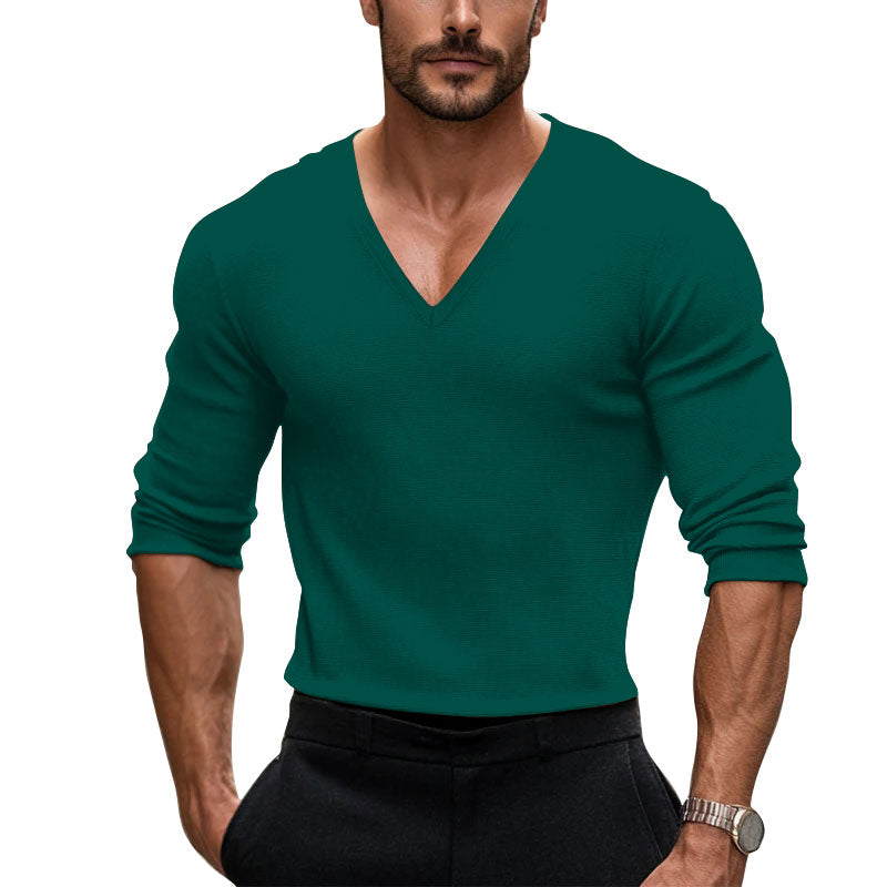 Men's V-Neck Ribbed Cotton Solid Color T-shirt 250700494