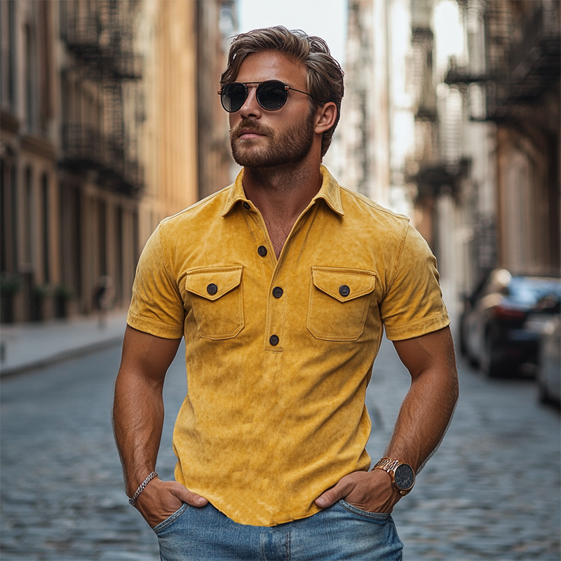 Men's Retro Casual Slim V-Neck Multi-Pocket Suede Short-Sleeved POLO Shirt 9903595192504