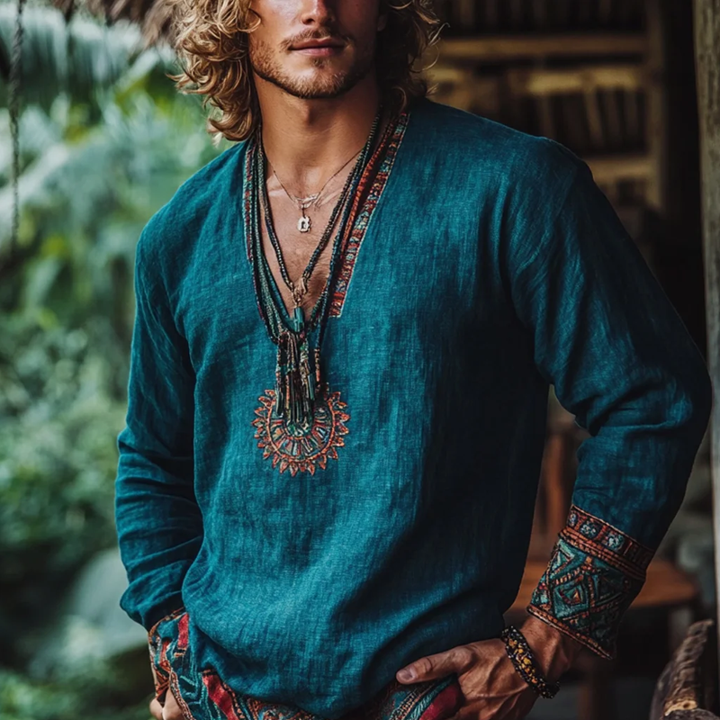 Men's Fashion Ethnic Style Embroidery V Neck Long Sleeve Cotton And Linen Shirt 9899736793272