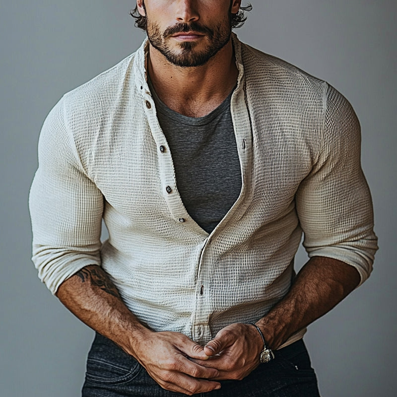 Men's Waffle Collar Long Sleeve Shirt 9918989893816