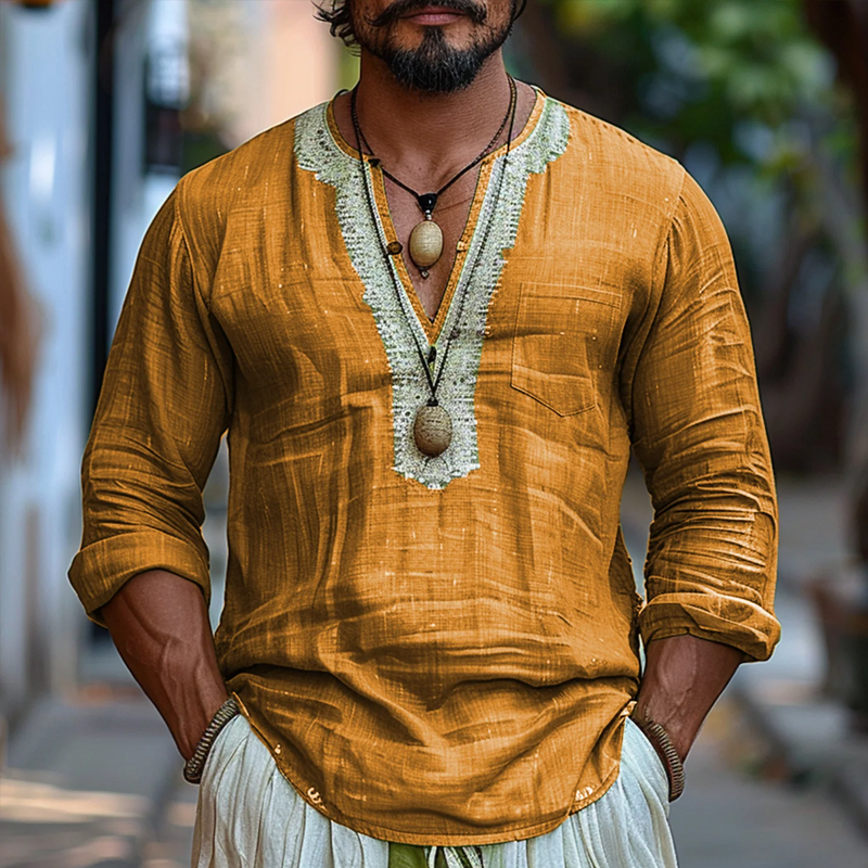 Men's Ethnic Style V Neck Long Sleeve Cotton And Linen Loose Shirt 9899715494072