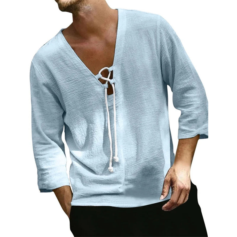 Men's Light Blue Ice Silk Wrinkled V-Neck Long Sleeve T-Shirt 9899720704184