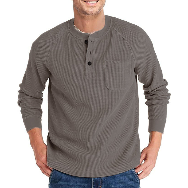 Men's Casual Pit Grid Button Round Neck Long Sleeve T-Shirt 9892392730808