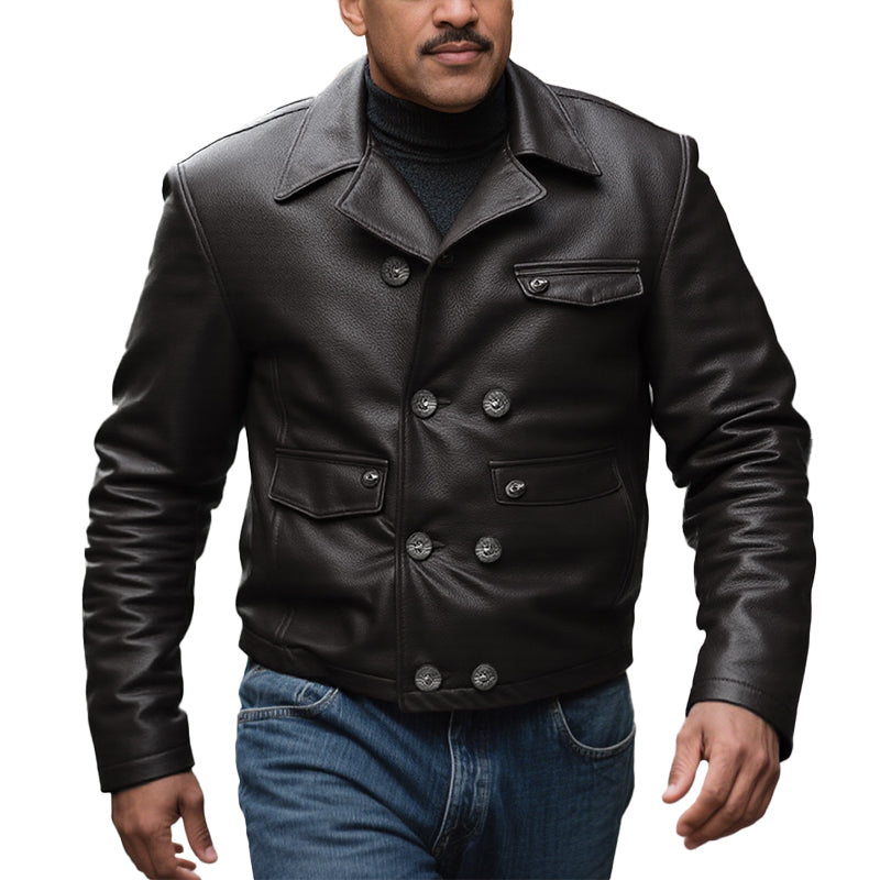 Men's Double Breasted Notched Lapel Leather Jacket 9873140252856