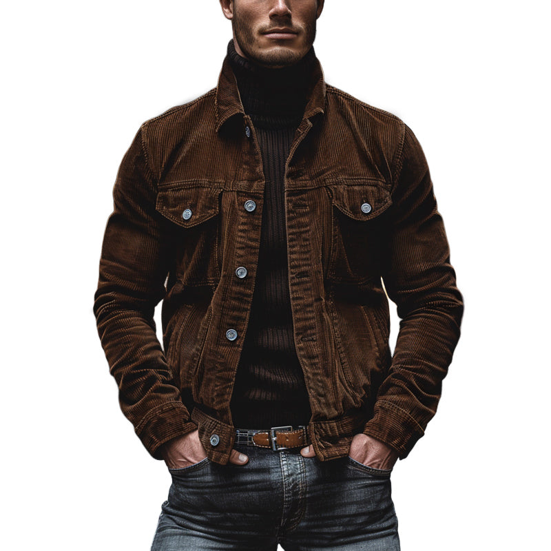 Men's Vintage Corduroy Lapel Single Breasted Multi-Pocket Work Jacket 9261077397688