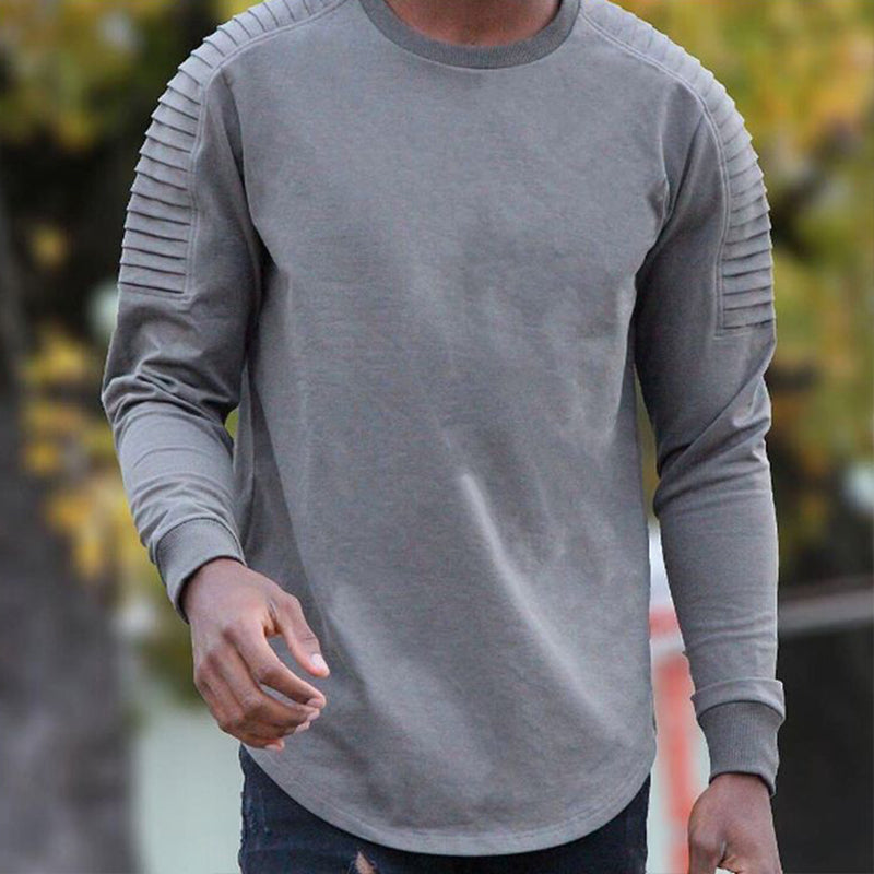 Men's Retro Casual Solid Color Pleated Round Neck Long Sleeve T-Shirt 9904629645496
