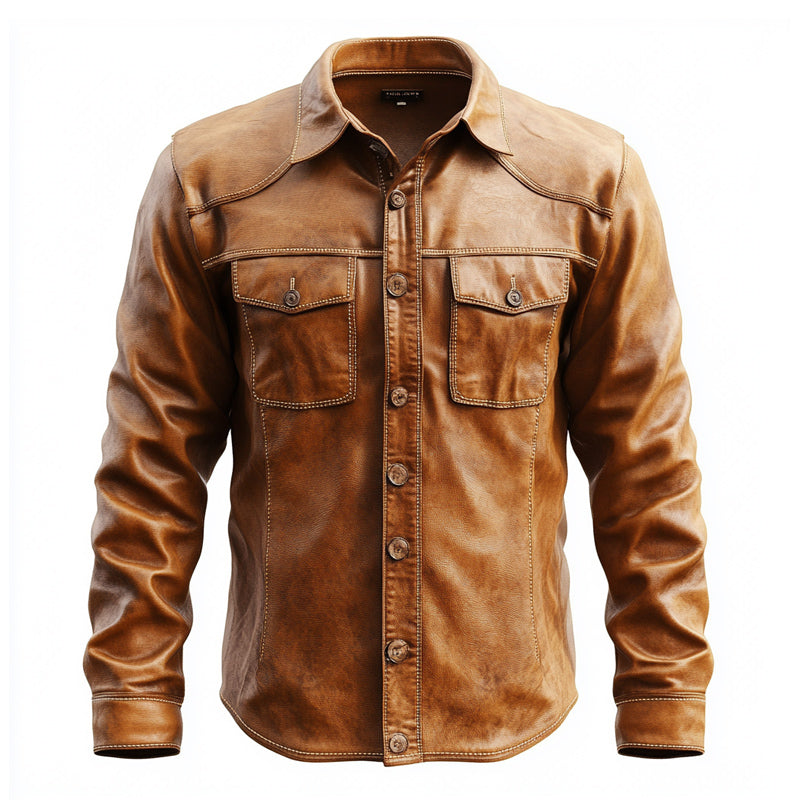 Men's Vintage Slim Fit Button-Down Leather Shirt 9891528048824