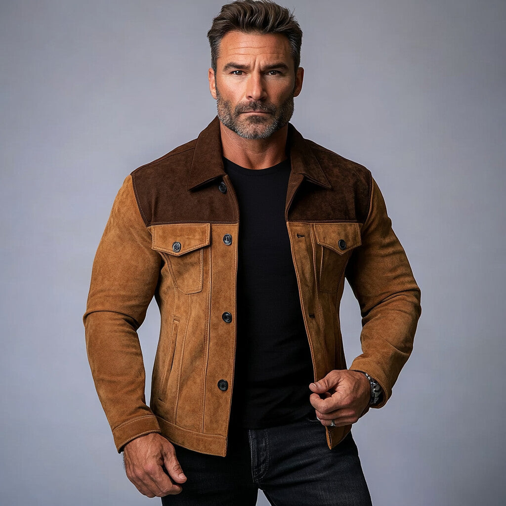 Men's Patchwork Suede Shirt Collar Button Long Sleeve Jacket 9899608867000