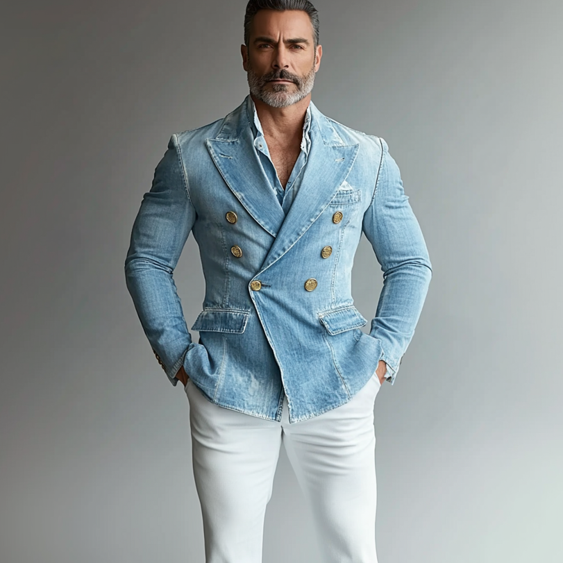 Men's Peak Lapel Double Breasted Long Sleeve Washed Denim Blazer 9899607720120