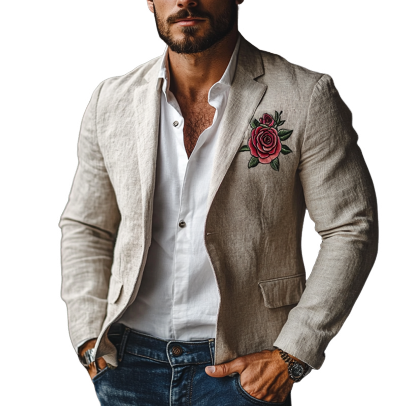 Men's Casual Rose Embroidery Single Breasted Linen Blazer 9892392140984