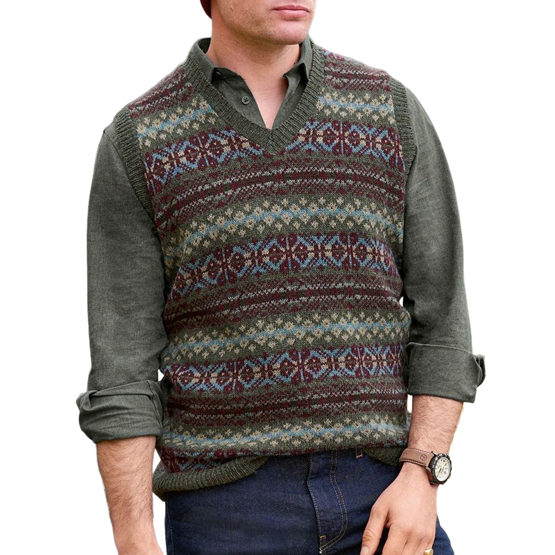 Men's Retro Geometric V-Neck Sleeveless Knit Vest 9891528540344