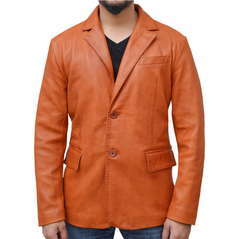 Men's Classic Vintage Lapel Two Button Leather Blazer 9893976146104