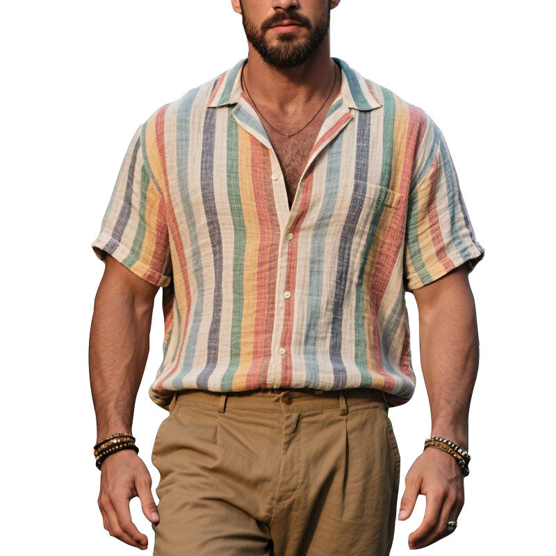 Men's Colorful Striped Short Sleeve Summer Cotton Linen Shirt 250600689